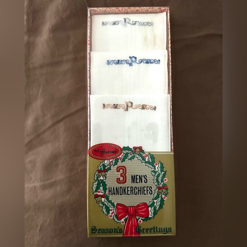 Vtg Matt Andrews Men’s Handkerchiefs White Embroidered “P” Monogram 3 Pack New